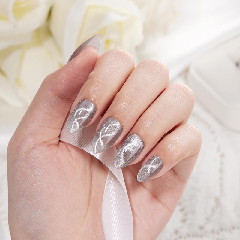 VSALON Press On Nails Short Almond- Cat Eye Silver Shimmer Nails Kit
