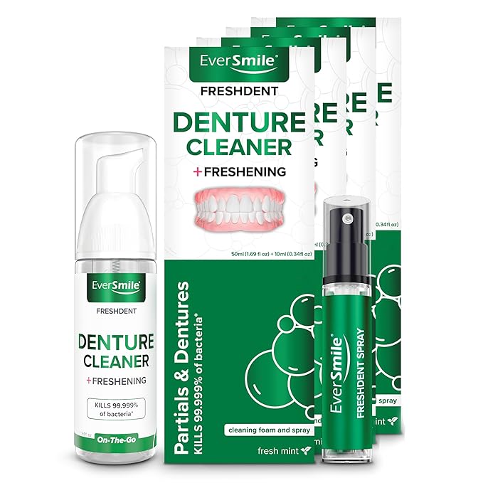 EverSmile FreshDent Denture and Partial Denture Cleaner + Teeth Whitening Spray and Foam– Travel Size Alternative to Cleaning Tablets That Eliminates Bacteria and Fights Bad Breath – 50ml + 10ml (4pk)