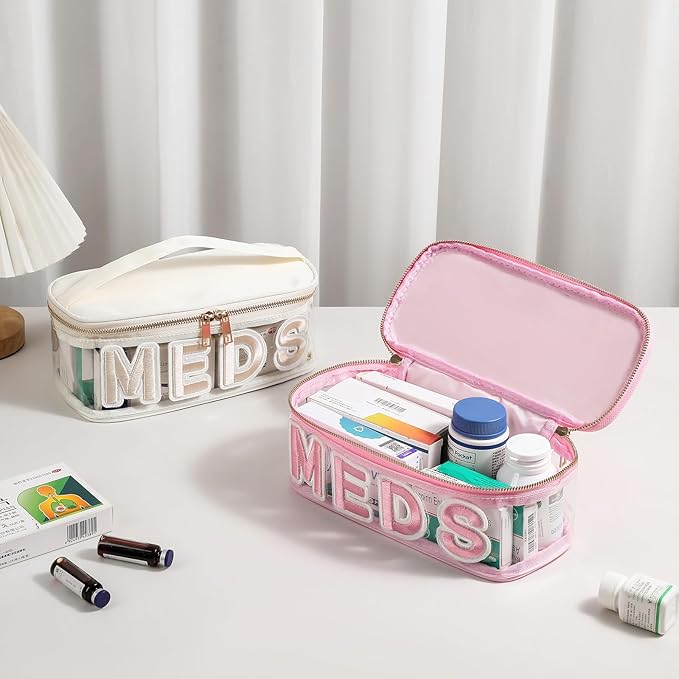 Clear PVC Letter Patch MEDS RX Makeup Bag with Metal Zipper,Large Capacity Nylon Transparent Medicine Bag with Top Handle,First Aid Travel Organizer Cosmetic Bag(01 Beige MEDS)