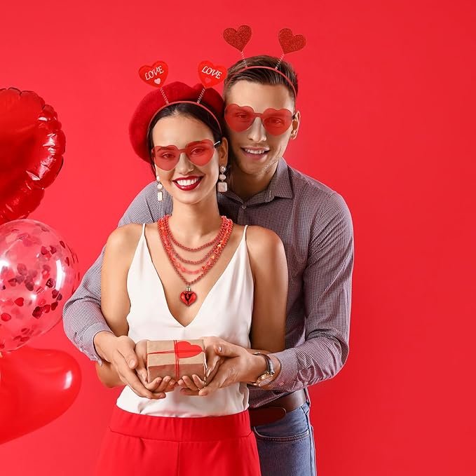 Kanayu 36 Pcs Valentine's Day Accessories Set Include 12 Heart Headbands 12 Glasses and 12 Heart Beaded Necklace for Valentine Props Party Costume Supplies Accessory(Red)