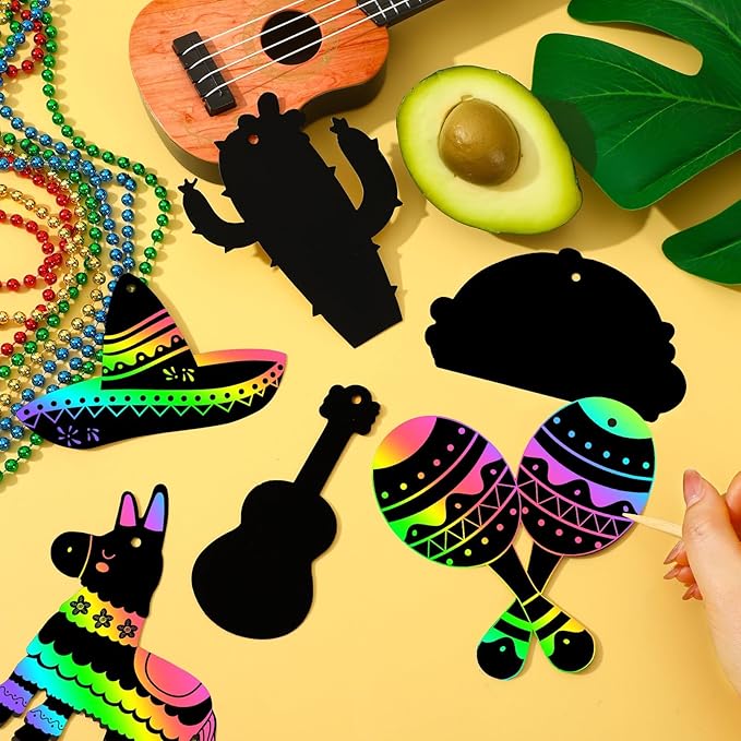JULMELON 36 PCS Mexican Crafts for Kids, Rainbow Scratch Art for Kids Mexican Fiesta Gifts DIY Magic Color Fiesta Scratch Cards for Mexican Fiesta Party Favors Cinco De Mayo Party Decorations