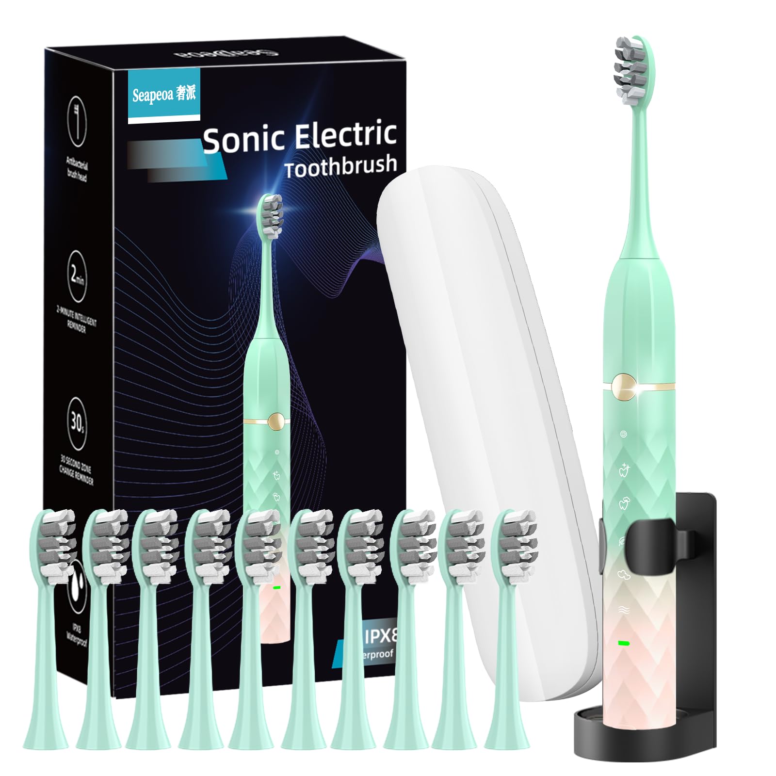 Sonic Electric Toothbrush Set, Equipped with 10 Brush Heads and Travel Case, IPX8 Waterproof, 2-Minute Timer, 42000 High-Frequency Vibrations, 5 Modes, The First Choice for Gift Giving, Green Pink