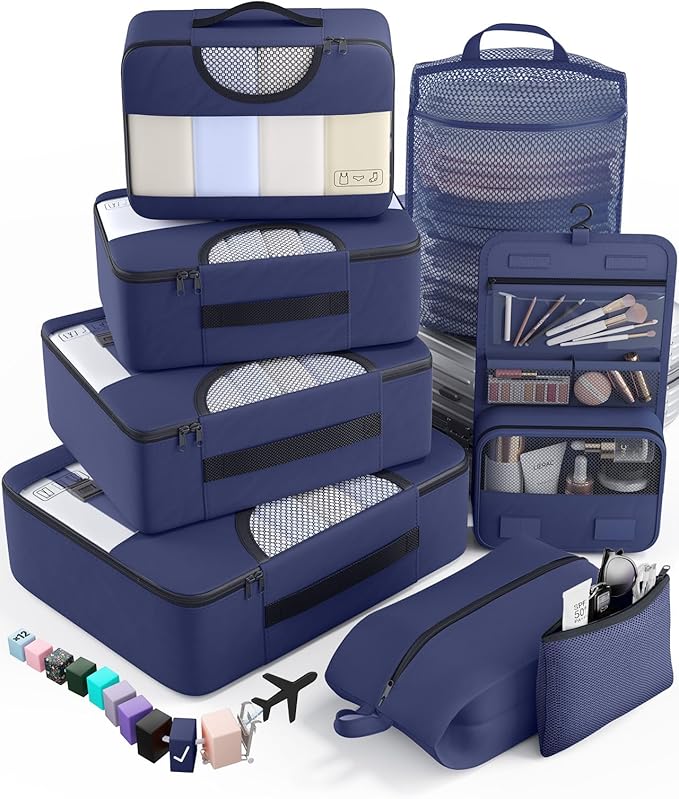 Veken 8 Set Packing Cubes for Travel Essentials, Suitcase Organizer Bags in 4 Sizes, Carry-On Luggage Accessories with Large Laundry Bag & Passport Holder, Must-Have for Airplane, Road Trip & Camping