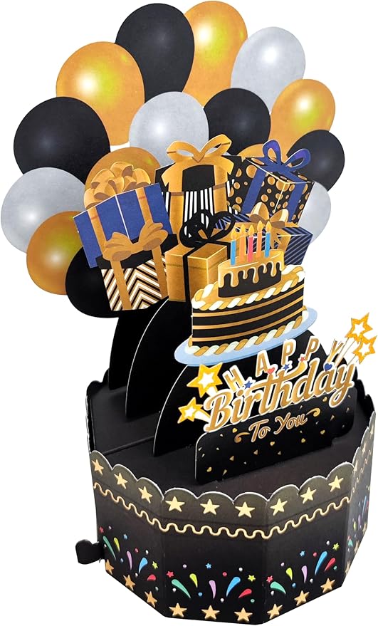 Birthday Cards 3D Popup Birthday Greeting Cards - Birthday Greeting Card for Girls, Boys Men and Women All Ages, with Blank Note and Envelope Included (Black Gold)