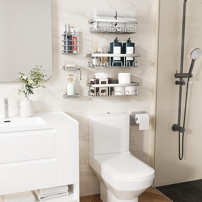 Veken Shower Caddy 6-Pack, Family Choice Award Winner, Large Wall Mounted Shower Rack, Bathroom Shelves Over Toilet, Organizer Storage Accessories with Soap Dish&Toothbrush Holder