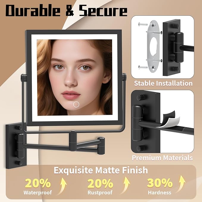 Wall Mounted Makeup Mirror with Lights 4000mAh Rechargeable Double Sided 1X/10X Magnifying Lighted Vanity Mirror with 3 Color Lights & Touch Dimmable 360° Rotation Extension Swing Arm for Bathroom