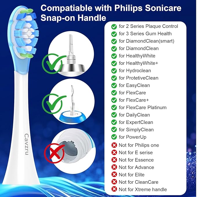 Cavzru Replacement Toothbrush Heads for Philips Sonicare C3 C2 G3 A3 W2 W3, 6 Pack Soft Silicone Brush Heads for HX9054 4100 5100 6100 7500, Compatible with Snap-On Handles, Anti-Collision Design