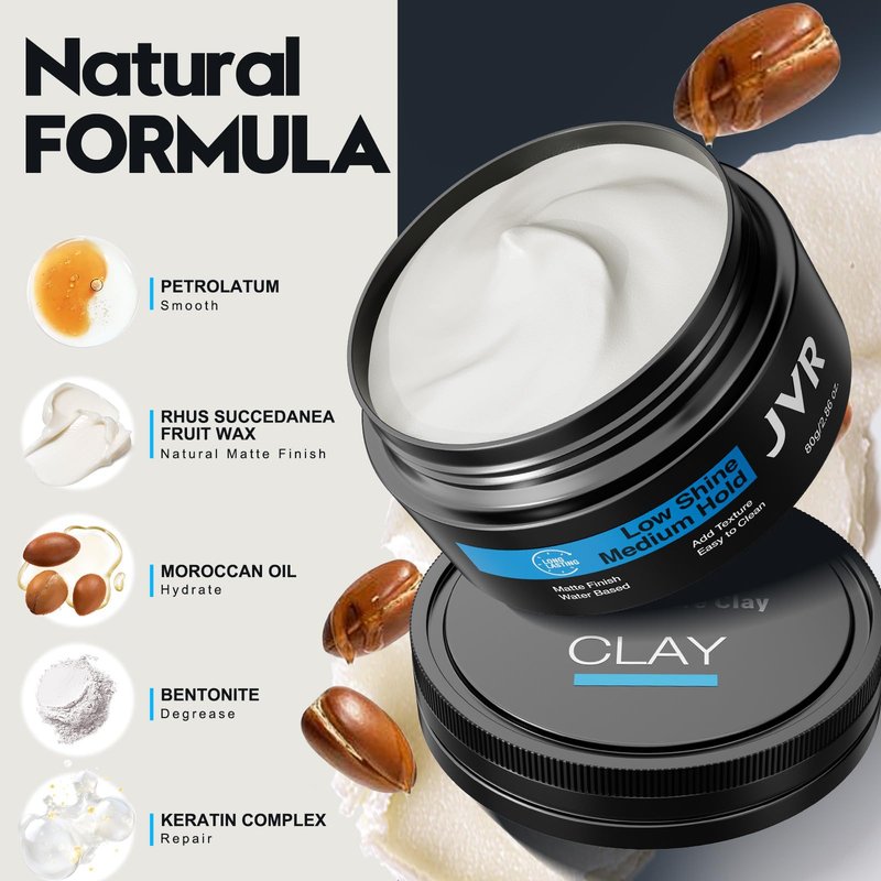 JVR Hair Clay for Men and Women, Medium Hold Matte Finish Hair Clay, Texturizing Clay Hair Product Men with Natural and Organic Ingredients, Easy To Wash Out, For All Hairstyles Cream (2.86 oz)