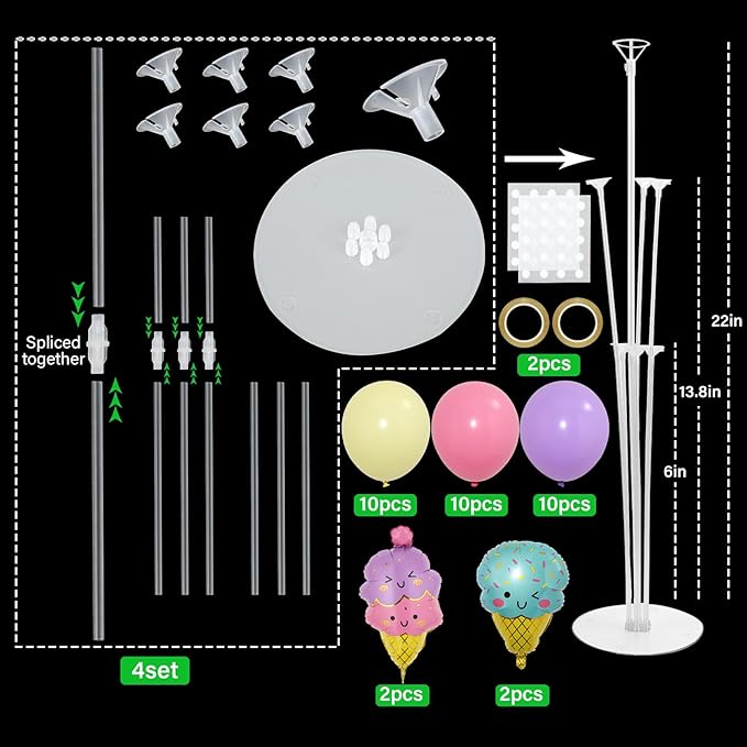 4 Sets Ice Cream Birthday Party Balloons Stand Kit with Ice Cream Foil Balloons Macaron Theme Party Ball Balloon Centerpiece for Tables for Summer Themed Birthday Baby Shower Decoration