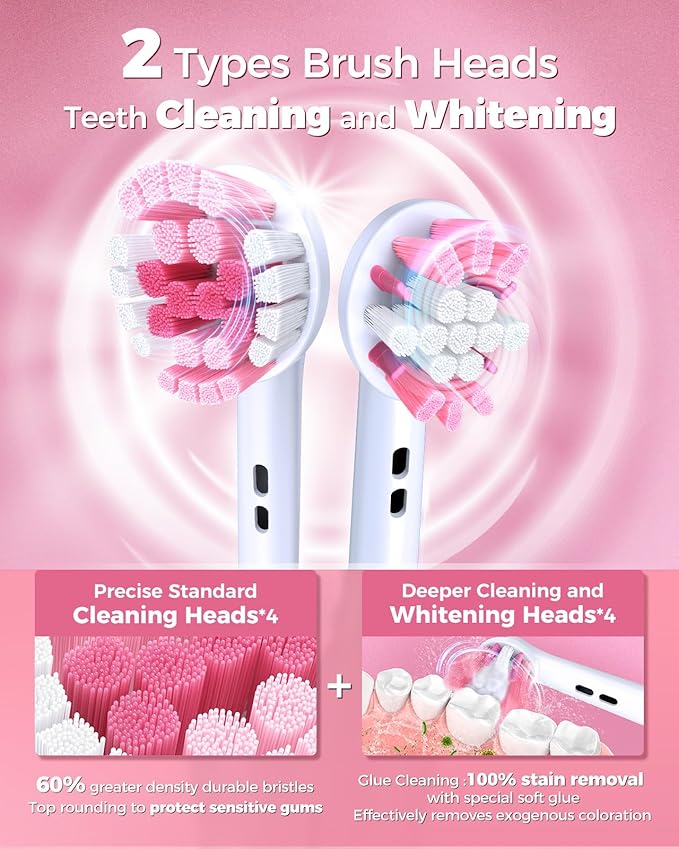 TEETHEORY Rotating Electric Toothbrush for Adults with 8 Brush Heads (2 Types), 4 Modes Deep Clean Electric Toothbrush with Rechargeable Power and 2 Min Smart Timer (2- Cherryblompink, p1)