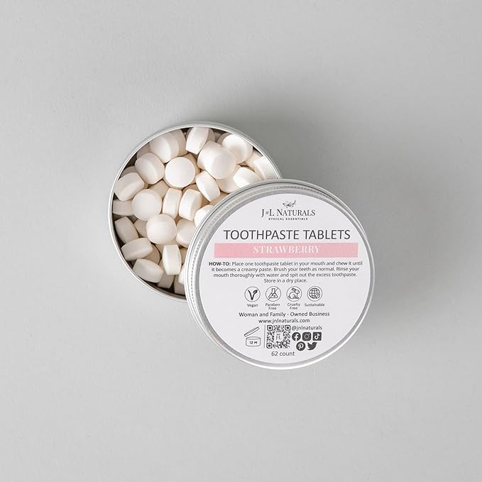 J&L Naturals Toothpaste Tablets | 62-Pack Travel-Friendly Toothpaste | Fluoride + Plastic Free, Vegan, Cruelty Free, Sustainable | Woman-Owned Small Business (Strawberry, 62 Count (Pack of 2))
