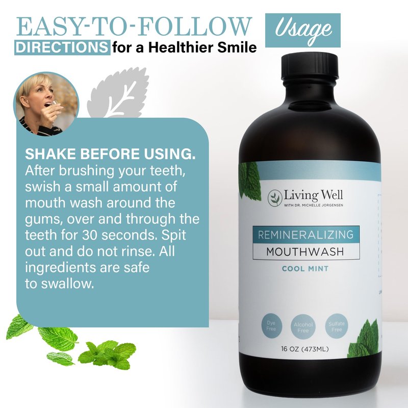 Living Well with Dr. Michelle Cool Mint Remineralizing Mouthwash | Hydroxyapatite & Colloidal Silver Formula | Alcohol-Free | Fluoride-Free Mouth Rinse