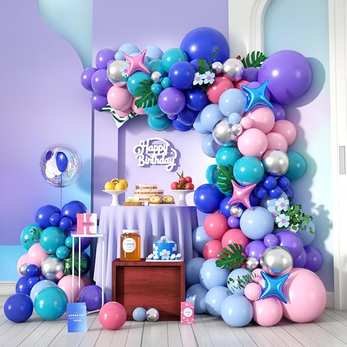 FunHot Blue Pink Purple Balloon Arch Garland Kit with Purple Metallic Silver Royal Blue Retro Pink 4-Point Star Foil Balloons for Baby Shower Wedding Tropical Theme Kids Birthday Party Decorations