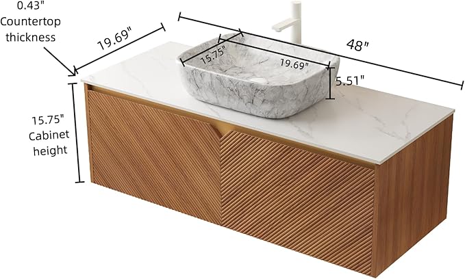 48 Inch Bathroom Vanity with Sink, Floating Fluted Vanity with Vessel Sink, Modern Wall Mounted Bathroom Vanity Cabinet with 2 Doors, Oval Marble Vessel Ceramic Sink & Sintered Stone Top, Oak