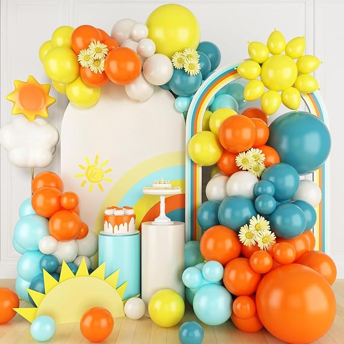 FunHot Blue Yellow and Orange Balloon Arch Garland Kit with Dusty Blue Teal Sand White Latex Balloons For Boho Sun Boy Birthday Son Baby Shower Decorations
