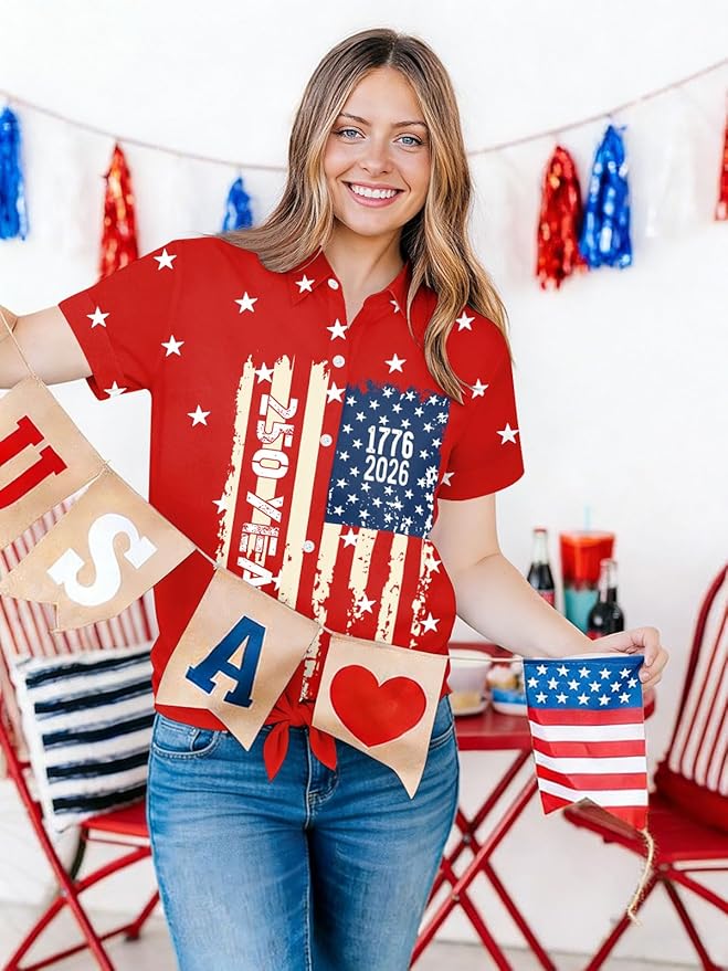 4th of July Shirts Women American Flag Patriotic Shirt Independence Day Short Sleeve Button Down Outfits
