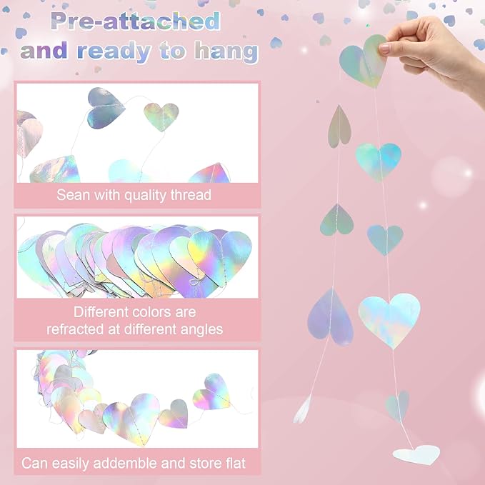 10 Pack 130ft Silver Holographic Heart Party Garland Asymmetrical Love Hanging Banners for Birthday Wedding Bachelorette Baby Bridal Shower Engagement Decorations