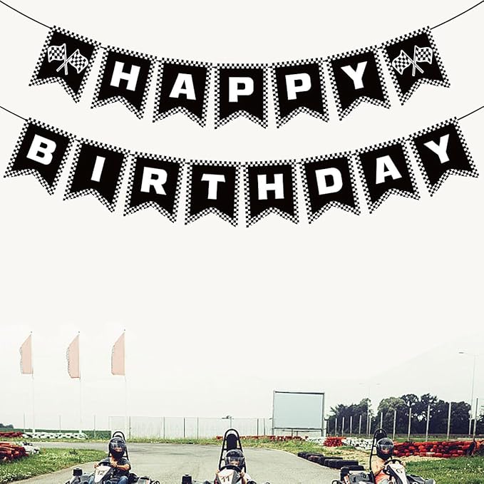 Race Car Happy Birthday Banner Race Car Birthday Party Decorations Black and White Checkered Flag Banner Racing Themed Checkered Flag Party Supplies for Boys