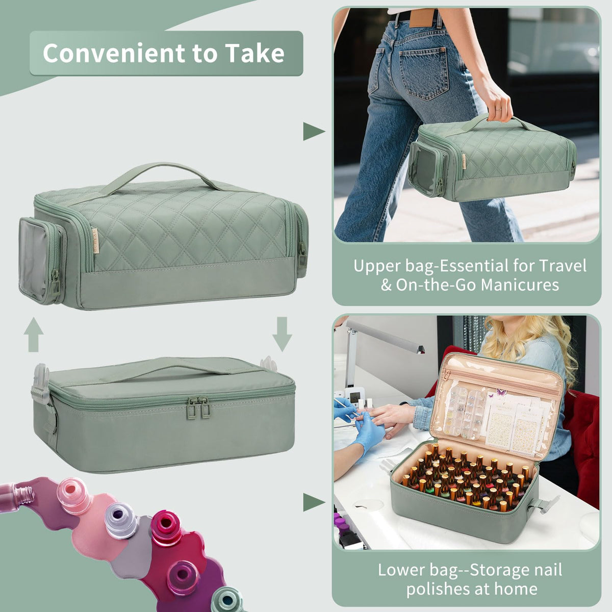 OCHEAL Nail Polish Organizer, Holds Nail Lamp and 45+ Bottles 2-in-1 Nail Polish Storage Case,Detachable Nail Techs Gel Kit Supplies Carring Bag for Manicurist Tools 45-Slot Nail Holder-Green