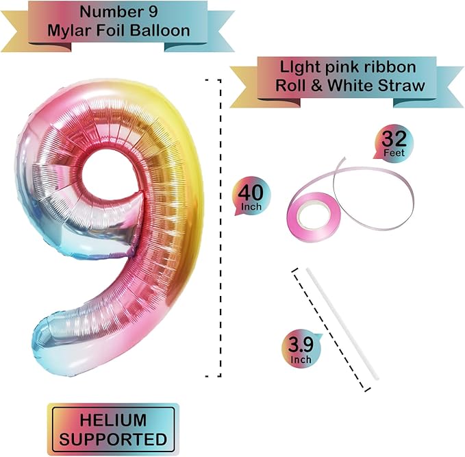 40 Inch Giant Rainbow Number 9 Balloons, Birthday Balloons, Helium Mylar Foil Big Number Balloons for Birthday Party Decorations, Kids' Birthday Anniversary Party Baby Shower Unicorn Parties