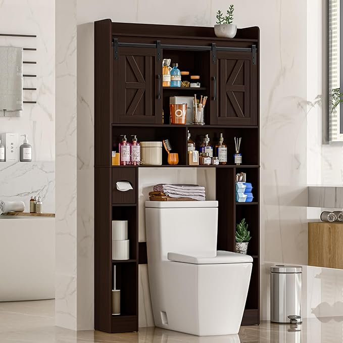 Over The Toilet Storage Cabinet, Farmhouse Toilet Cabinet Rack with Barn Doors, Space Saving Bathroom Organizer with Shelves, Toilet Paper Holder and Towel Rack for Bathroom,Restroom,Laundry,Walnut