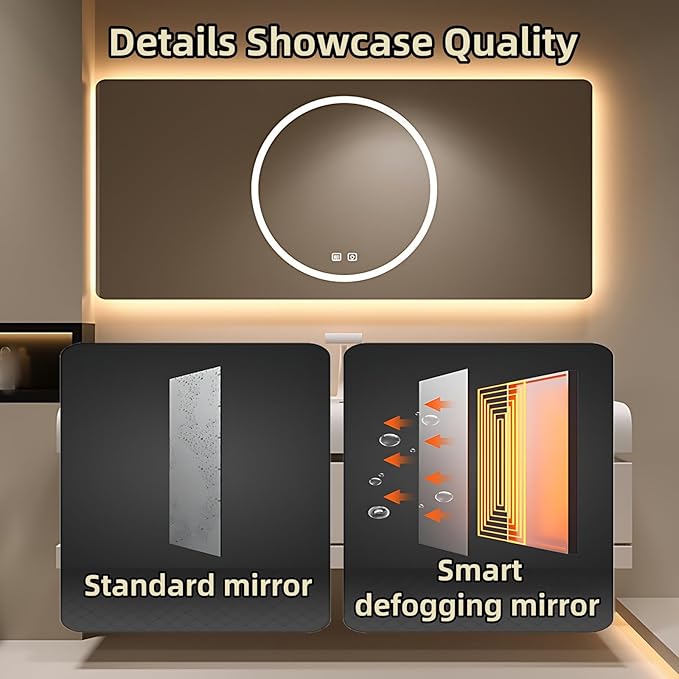 56IN Bathroom Vanity with Sink - Bathroom Cabinet Set has 2 Drawers & Overflow Hole Wall Mounted | LED Practical Defogging Mirror, Open Compartments, Seamless Rock Slab Basin (Cream White)