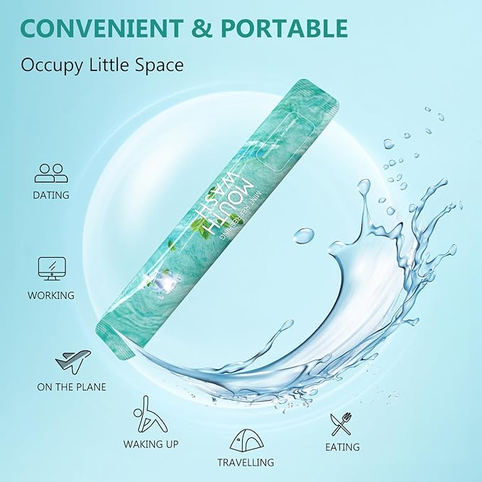 Mouthwash Travel Size Portable 60 Individual Disposable Packets to Go, Alcohol & Fluoride Free Fresh Mint Mouthwash Strips for Superior Oral Hygiene (Pack of 60)