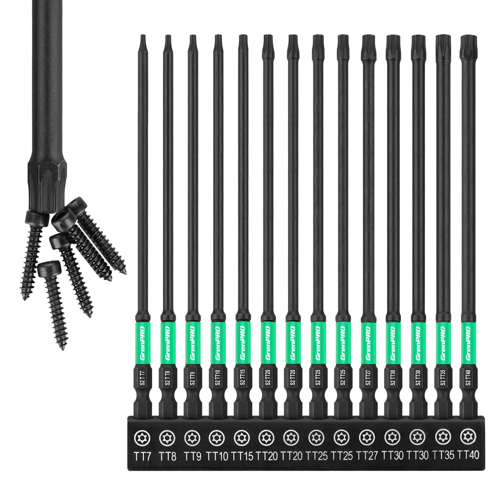 GRENPRO Torx Bit Set 14pc Impact Driver Bit Set, Magnetic Torx Screwdriver Set, 1/4 Torque Security Bits Sets, Tamper Proof t20 t25 t30, 6" Long (t7-t40) Star Screwdriver Bits Sets