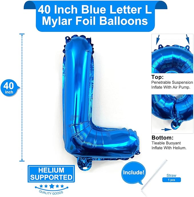 Lovoir 40 Inch Large Blue Letter L Balloons Big Size Jumbo Mylar Foil Helium Balloon for Birthday Party Celebration Decorations Alphabet Blue L
