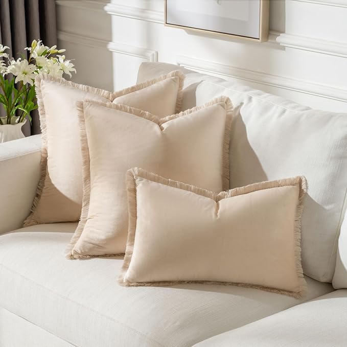 FUTEI Beige Velvet Decorative Throw Pillow Covers 20x20 Set of 2,Soft Cozy Edge with Tassels Cushion Case,Boho Modern Home Decor for Couch Bed Living Room