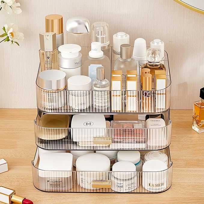 Clear Makeup Organizer for Vanity, Large Desk Organizer with Stackable Drawers for Cosmetics, Skincare, Lipsticks, Eyeshadow Palette, Nail Care, Ideal Storage for Dresser and Bathroom Countertop