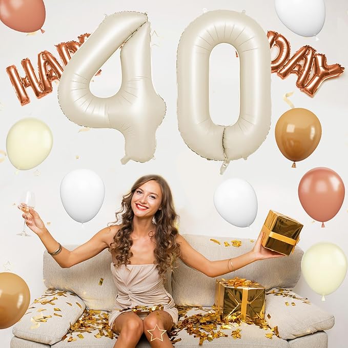 Biapian 40 Inch Cream Number 40 Balloon, 40th Birthday Balloons, Big Digital 40 Beige White Giant 40 Foil Balloon Helium for Men Women 40th Birthday Decorations Anniversary Baby Shower Party Supplies
