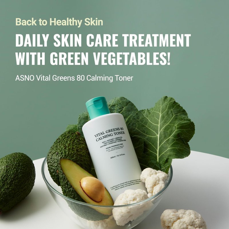 ASNO Vital Greens Calming Toner 300ml - Genderless Vegan Soothing Care for Acne, Pimple, Redness, Sensitive Skin, Superfood 80% + Ceramide, Hydrating Daily Facial Toner, Korean Skin Care