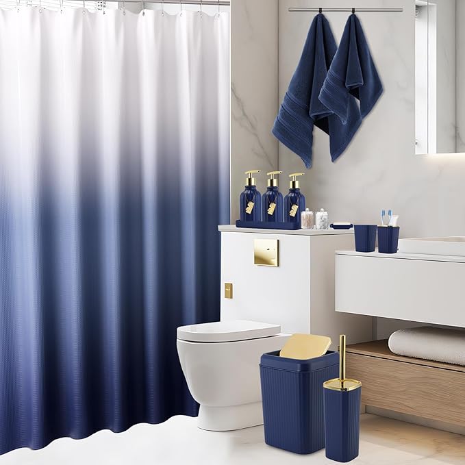 32PCS Bathroom Accessories Set Bathroom Set,Navy Blue Shower Curtain Set,Bath Towel Set,Hand Towel,Toilet Brush,Trash Can & 3PCS Soap Dispenser
