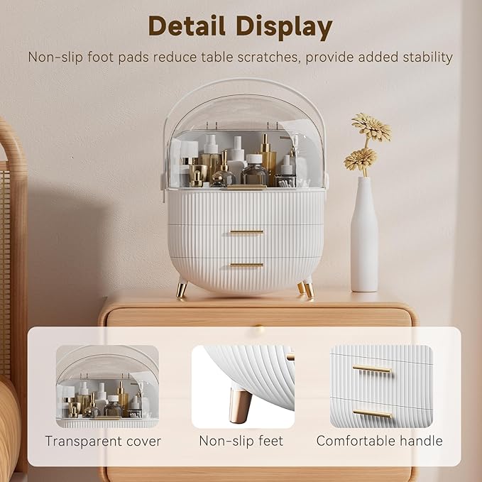 Makeup Organizers, Make Up Organizer for Vanity, Countertop Cosmetic Storage with Drawers and Transparent Cover for Bedroom Bathroom, White