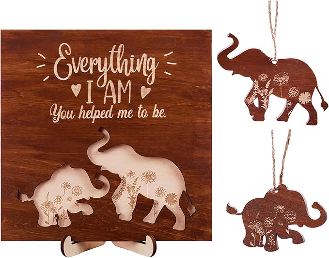 Elephant Wooden Frame Gifts for Mothers Day Mom Mama Elephant Sign Wall Decor Animal Plaque Father's Day Birthday Friendship Family Christmas Gifts for New Mom Nana Grandma from Son, Daughter HF88