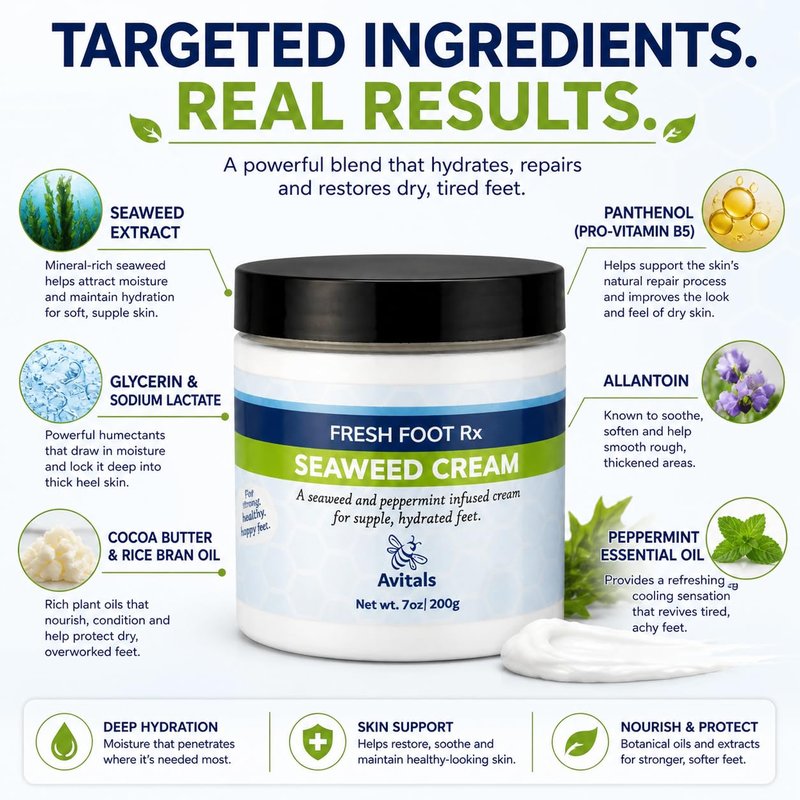 Avital's Fresh Foot RX Foot Cream – Intensive Cracked Heel Repair Treatment – Peppermint Moisturizer with Panthenol, Allantoin & Seaweed Extract – Softens Calluses & Rough Feet – 7 oz