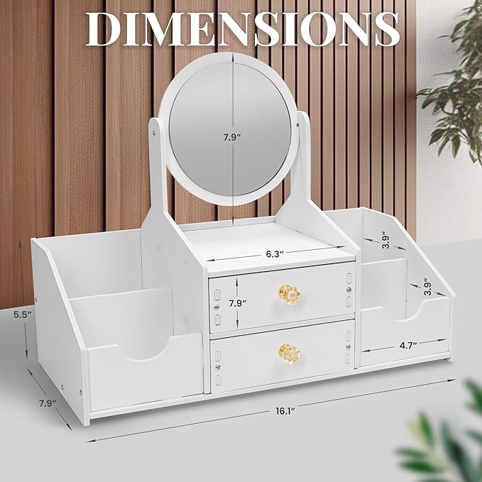 Wooden Makeup Organizer – Countertop Makeup Organizers with Mirror, Drawers – Cosmetic Organizer for Brushes, Skincare – Elegant Make Up Storage Holder for Vanity, Bathroom, Dresser