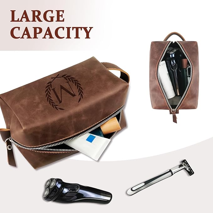 Personalized Gifts Travel Toiletry Bag for Men Engraved Initial PU Leather Waterproof Shaving Bag for Toiletries Accessories Fathers Day Birthday Gift for Men Dad Husband Son, Reddish Brown Z
