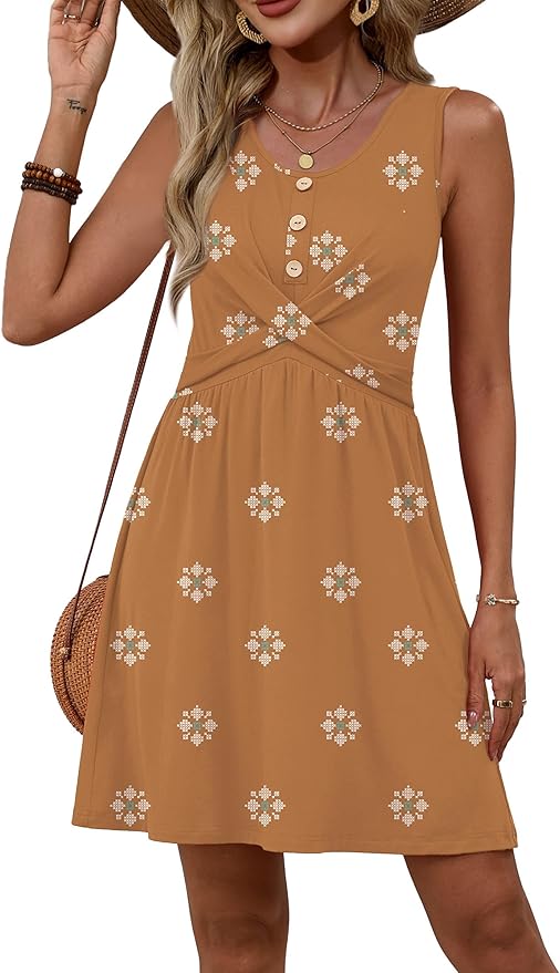 OFEEFAN Summer Dresses for Women Beach Fashion Sundresses Babydoll Dress Button Down Boho Dresses Cute Cross