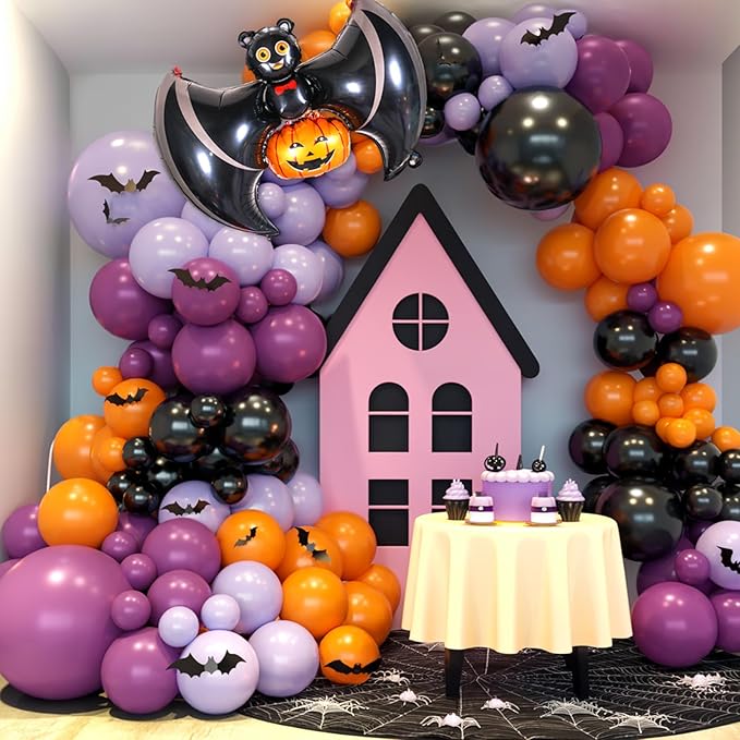 Halloween Balloon Arch Garland, Pink Purple Balloons with Star Cute Ghost Boo Foil Balloon, Metallic Purple Pink Black Latex Balloons Bat Stickers for Kids Girls Birthday Halloween Party Decorations