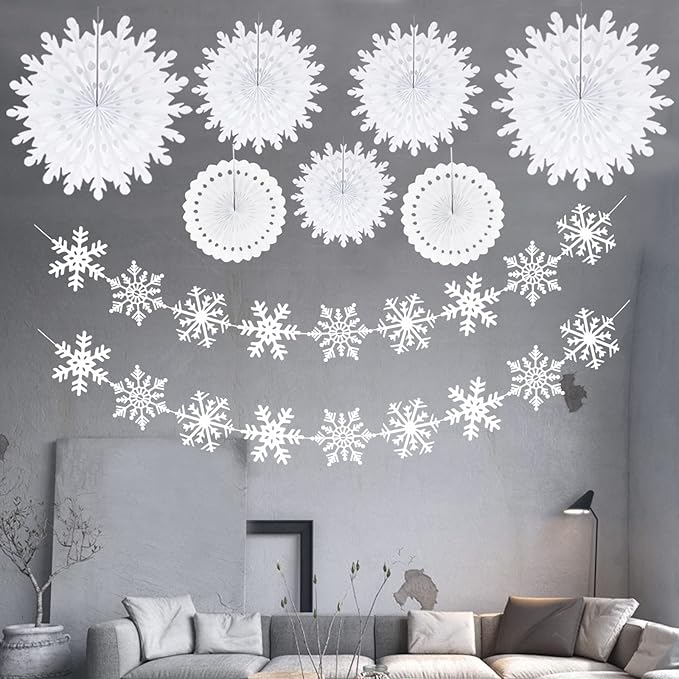 Snowflake Snow White-Silver Christmas-Frozen Party-Decorations - 9pcs Winter Girl Birthday New Year Paper Fan Banner Stareamers, Wonderland Party Supplies Decor Lasting Surprise