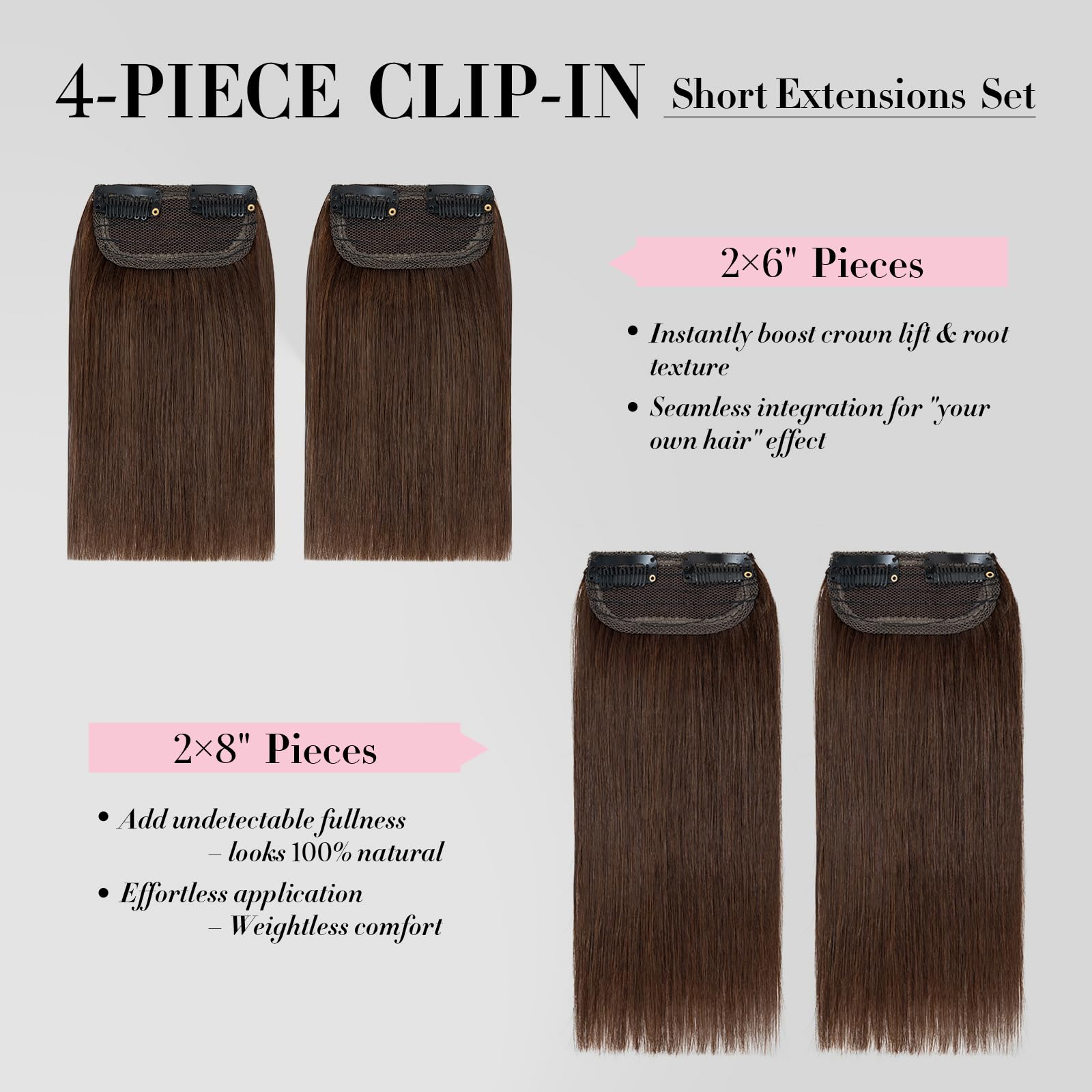 Clip in Short Hair Extensions Real Human Hair,Prokyvity Invisible Human Hair Clip in Extensions Short,(6inch&8inch)4 pieces Mini Extensions for volume or highligh,Meduim Brown
