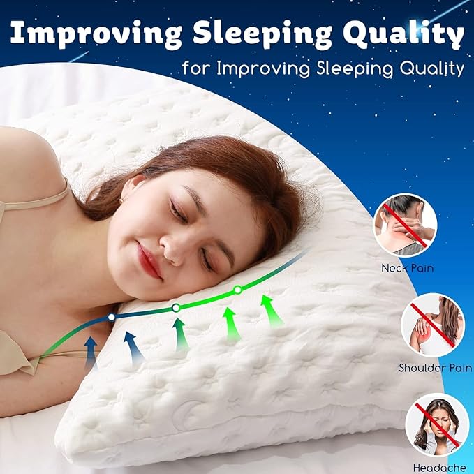 Cooling Side Sleeper Pillow for Neck and Shoulder Pain, Luxury Shredded Memory Foam Curved Bed Pillows for Sleeping Set of 2- Adjustable Queen Size- Washable Cover Crescent White
