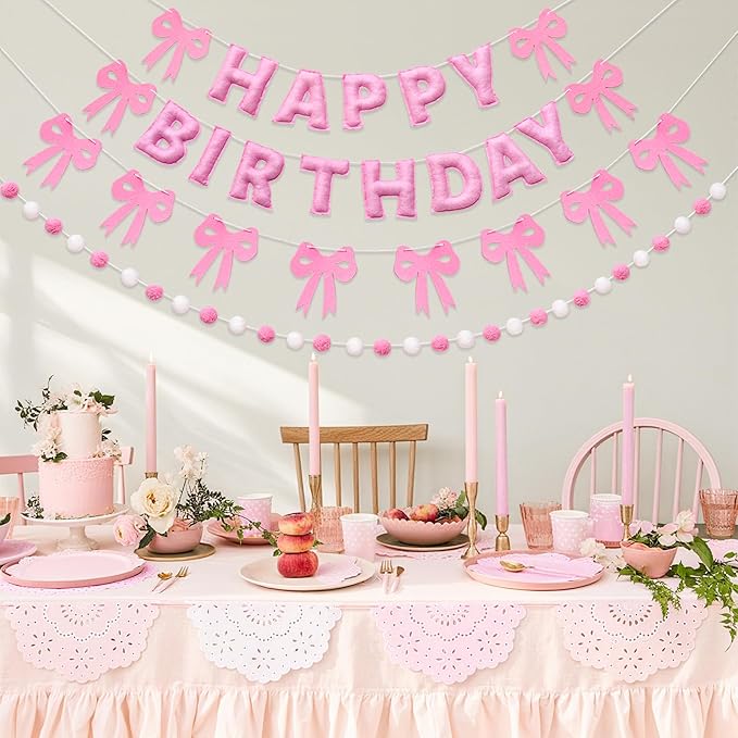 Pre-Strung Pink Bow Birthday Decorations, Reusable Coquette Party Decorations with Wool Felt Happy Birthday Banner, Bow and Felt Ball Garland for Girls Women Baby Shower Pink Bow Theme Decor