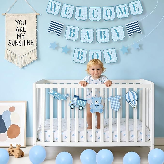 Baby Boy Baby Shower Banner, 4 PCS Pre-strung Blue Gingham Welcome Baby and Body Cloth Banner for Baby Boy Shower Party Decoration (welcome baby boy)