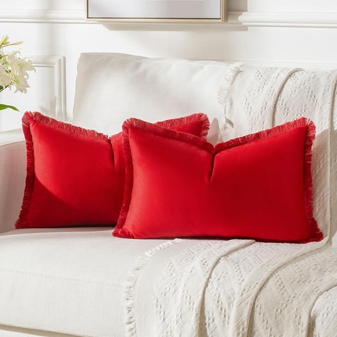 FUTEI Christmas Red Velvet Decorative Throw Pillow Covers 12x20 Set of 2,Soft Cozy Edge with Tassels Lumbar Pillow Cases,Boho Modern Home Decor for Couch Bed Living Room