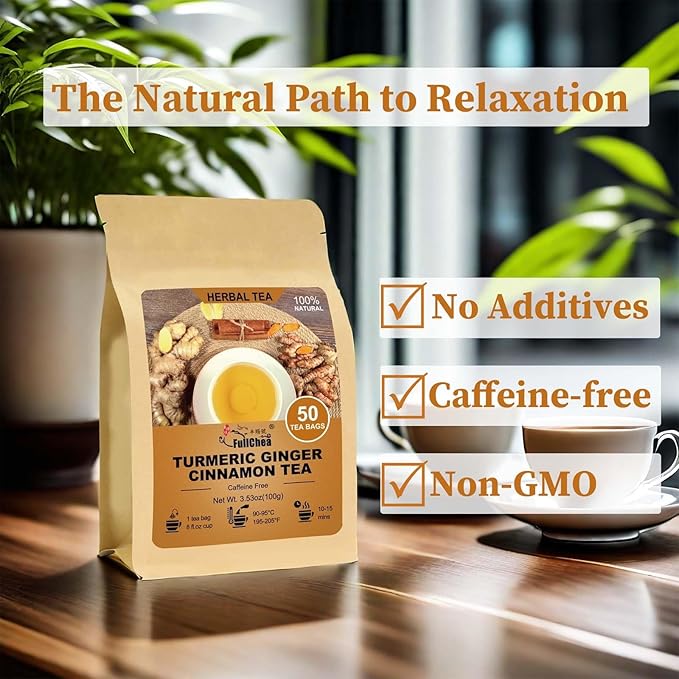 FullChea - Turmeric Ginger Cinnamon Tea Bags, 50 Count, 2g/bag - Premium Turmeric, Ginger, Cinnamon - Non-GMO - Caffeine-free - Aid Digestion & Boost Immunity