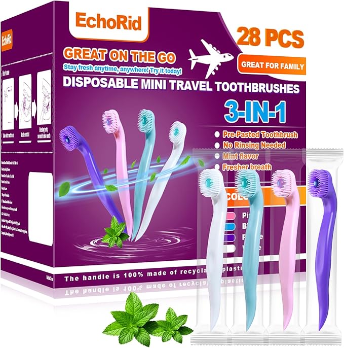 EchoRid Mini Disposable Toothbrush, Pre-Pasted Toothbrushes with Toothpaste and Toothpick for Travel - Fluoride Free, No Rinsing Needed, Mint Flavor, Fresh Breath Anywhere Anytime - 28 Ct