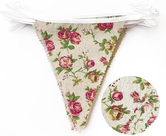 46Ft Vintage Floral Burlap Banner Flower Burlap Triangle Pennant Flag Linen Bunting Garland Streamers for Rustic Birthday Boho Wedding Baby Shower Engagement Camping Spring Easter Party Decorations